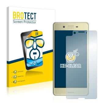 Vorderseite einer Produktverpackung mit dem Markenlogo BROTECT. Daneben ist das Gerät Sony Xperia X mit dem zugehörigen Displa