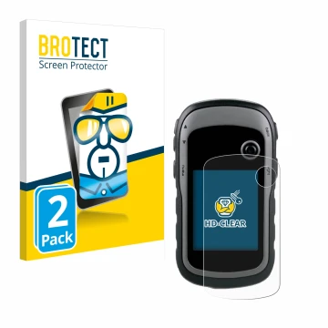 Vorderseite einer Produktverpackung mit dem Markenlogo BROTECT. Daneben ist das Gerät Garmin eTrex 30x mit dem zugehörigen Dis