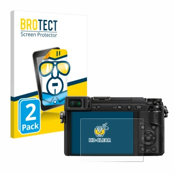 Vorderseite einer Produktverpackung mit dem Markenlogo BROTECT. Daneben ist das Gerät Panasonic Lumix DMC-GX80 mit dem zugehör