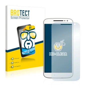 Vorderseite einer Produktverpackung mit dem Markenlogo BROTECT. Daneben ist das Gerät Motorola Moto G4 mit dem zugehörigen Dis