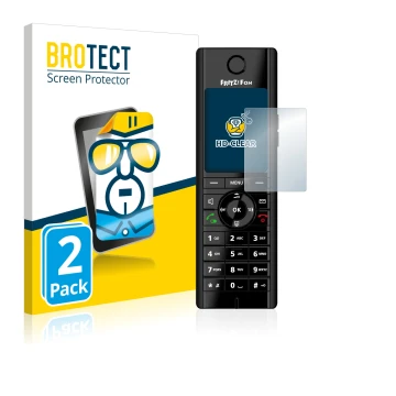 Vorderseite einer Produktverpackung mit dem Markenlogo BROTECT. Daneben ist das Gerät AVM Fritz!Fon C5 mit dem zugehörigen Dis