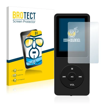 Vorderseite einer Produktverpackung mit dem Markenlogo BROTECT. Daneben ist das Gerät AGPtek 8GB MP3-Player mit dem zugehörige