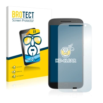 Vorderseite einer Produktverpackung mit dem Markenlogo BROTECT. Daneben ist das Gerät Motorola Moto G4 Plus mit dem zugehörige