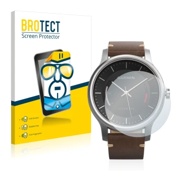 Vorderseite einer Produktverpackung mit dem Markenlogo BROTECT. Daneben ist das Gerät Garmin vivomove mit dem zugehörigen Disp