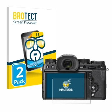 Vorderseite einer Produktverpackung mit dem Markenlogo BROTECT. Daneben ist das Gerät Fujifilm X-T2 mit dem zugehörigen Displa