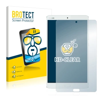 Vorderseite einer Produktverpackung mit dem Markenlogo BROTECT. Daneben ist das Gerät Huawei MediaPad M3 8.4 mit dem zugehörig