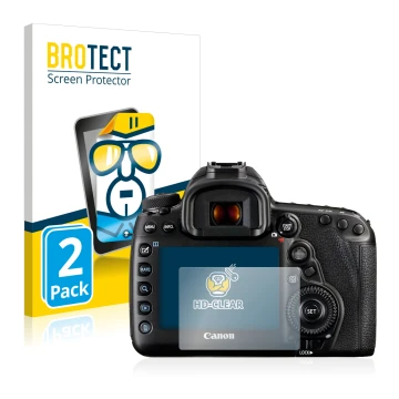 Vorderseite einer Produktverpackung mit dem Markenlogo BROTECT. Daneben ist das Gerät Canon EOS 5D Mark IV mit dem zugehörigen