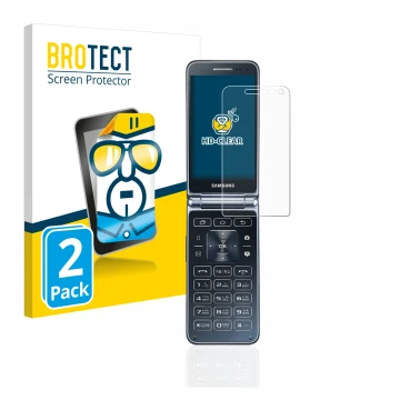 Vorderseite einer Produktverpackung mit dem Markenlogo BROTECT. Daneben ist das Gerät Samsung Galaxy Folder 2 mit dem zugehöri
