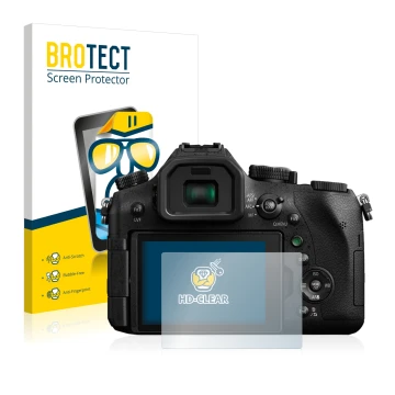 Vorderseite einer Produktverpackung mit dem Markenlogo BROTECT. Daneben ist das Gerät Panasonic Lumix DMC-FZ2000 mit dem zugeh