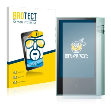 Vorderseite einer Produktverpackung mit dem Markenlogo BROTECT. Daneben ist das Gerät Astell&Kern AK70 mit dem zugehörigen Dis