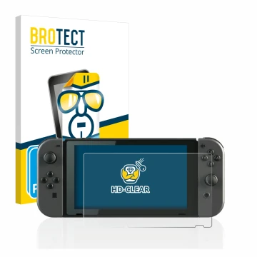Vorderseite einer Produktverpackung mit dem Markenlogo BROTECT. Daneben ist das Gerät Nintendo Switch mit dem zugehörigen Disp
