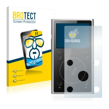 Vorderseite einer Produktverpackung mit dem Markenlogo BROTECT. Daneben ist das Gerät FiiO X1 II mit dem zugehörigen Displaysc