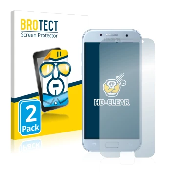 Vorderseite einer Produktverpackung mit dem Markenlogo BROTECT. Daneben ist das Gerät Samsung Galaxy A5 2017 mit dem zugehörig