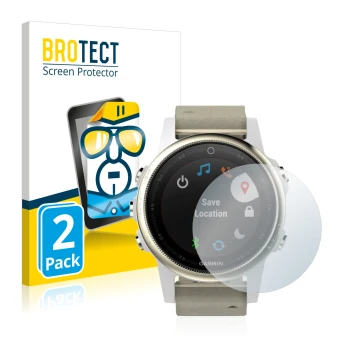 Vorderseite einer Produktverpackung mit dem Markenlogo BROTECT. Daneben ist das Gerät Garmin Fenix 5S (42 mm) mit dem zugehöri