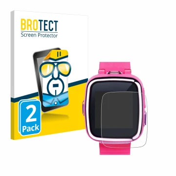 Vorderseite einer Produktverpackung mit dem Markenlogo BROTECT. Daneben ist das Gerät Vtech Kidizoom Smart Watch 2 mit dem zug