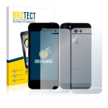Vorderseite einer Produktverpackung mit dem Markenlogo BROTECT. Daneben ist das Gerät Apple iPhone 5S (Display+Rückseite) mit 