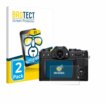 Vorderseite einer Produktverpackung mit dem Markenlogo BROTECT. Daneben ist das Gerät Fujifilm X-T20 mit dem zugehörigen Displ