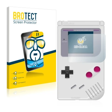 Vorderseite einer Produktverpackung mit dem Markenlogo BROTECT. Daneben ist das Gerät Nintendo Gameboy (1989) mit dem zugehöri