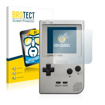 Vorderseite einer Produktverpackung mit dem Markenlogo BROTECT. Daneben ist das Gerät Nintendo Gameboy Pocket mit dem zugehöri