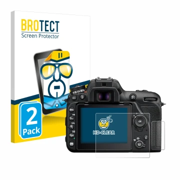 Vorderseite einer Produktverpackung mit dem Markenlogo BROTECT. Daneben ist das Gerät Nikon D7500 mit dem zugehörigen Displays