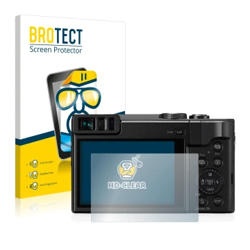 Vorderseite einer Produktverpackung mit dem Markenlogo BROTECT. Daneben ist das Gerät Panasonic Lumix DC-TZ91 mit dem zugehöri