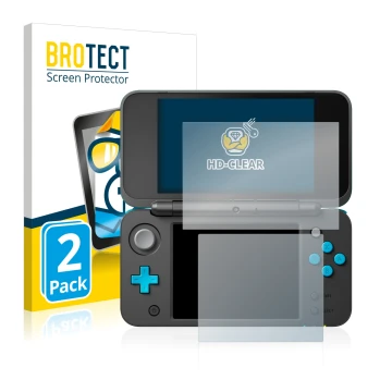 Vorderseite einer Produktverpackung mit dem Markenlogo BROTECT. Daneben ist das Gerät Nintendo 2DS XL mit dem zugehörigen Disp