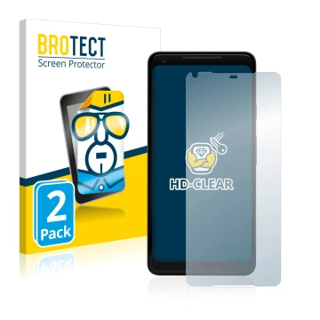 Vorderseite einer Produktverpackung mit dem Markenlogo BROTECT. Daneben ist das Gerät Google Pixel 2 XL mit dem zugehörigen Di