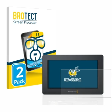 Vorderseite einer Produktverpackung mit dem Markenlogo BROTECT. Daneben ist das Gerät Blackmagic Design Video Assist (5.0) mit