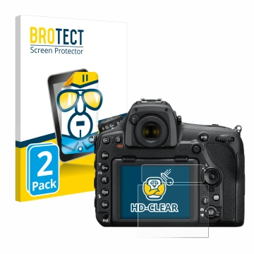 Vorderseite einer Produktverpackung mit dem Markenlogo BROTECT. Daneben ist das Gerät Nikon D850 mit dem zugehörigen Displaysc