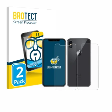 Vorderseite einer Produktverpackung mit dem Markenlogo BROTECT. Daneben ist das Gerät Apple iPhone X (Display+Rückseite) mit d