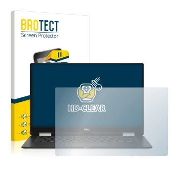 Vorderseite einer Produktverpackung mit dem Markenlogo BROTECT. Daneben ist das Gerät Dell XPS 13 9365 2-in-1 mit dem zugehöri