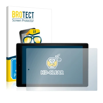 Vorderseite einer Produktverpackung mit dem Markenlogo BROTECT. Daneben ist das Gerät Amazon Fire HD 10 2017 (7. Gen.) mit dem