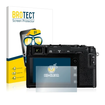 Vorderseite einer Produktverpackung mit dem Markenlogo BROTECT. Daneben ist das Gerät Fujifilm X-E3 mit dem zugehörigen Displa
