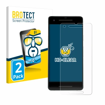 Vorderseite einer Produktverpackung mit dem Markenlogo BROTECT. Daneben ist das Gerät Google Pixel 2 mit dem zugehörigen Displ