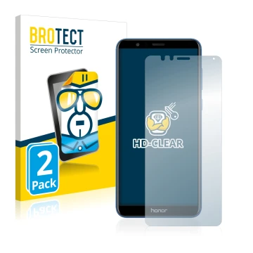 Vorderseite einer Produktverpackung mit dem Markenlogo BROTECT. Daneben ist das Gerät Honor 7X mit dem zugehörigen Displayschu