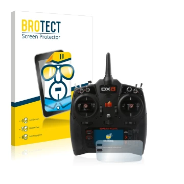 Vorderseite einer Produktverpackung mit dem Markenlogo BROTECT. Daneben ist das Gerät Spektrum DX8 G2 mit dem zugehörigen Disp