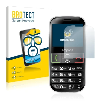 Vorderseite einer Produktverpackung mit dem Markenlogo BROTECT. Daneben ist das Gerät Emporia Euphoria V50-3G mit dem zugehöri