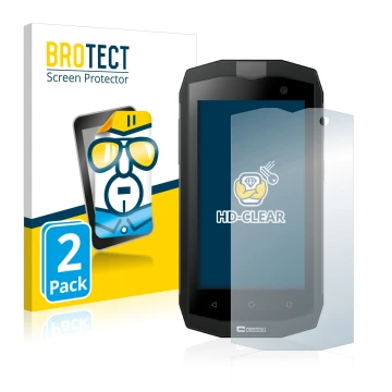 Vorderseite einer Produktverpackung mit dem Markenlogo BROTECT. Daneben ist das Gerät Crosscall Trekker M1 Core mit dem zugehö