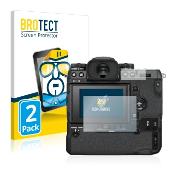 Vorderseite einer Produktverpackung mit dem Markenlogo BROTECT. Daneben ist das Gerät Fujifilm X-H1 mit dem zugehörigen Displa