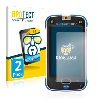 Vorderseite einer Produktverpackung mit dem Markenlogo BROTECT. Daneben ist das Gerät Vtech Kidicom Max mit dem zugehörigen Di