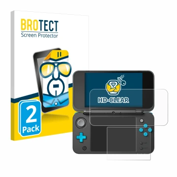 Vorderseite einer Produktverpackung mit dem Markenlogo BROTECT. Daneben ist das Gerät New Nintendo 2DS XL mit dem zugehörigen 