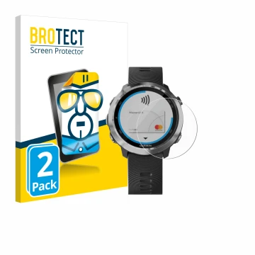 Vorderseite einer Produktverpackung mit dem Markenlogo BROTECT. Daneben ist das Gerät Garmin Forerunner 645 mit dem zugehörige