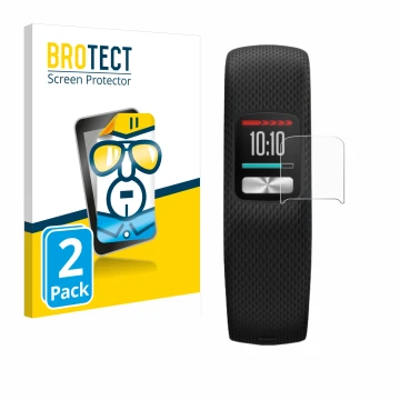 Vorderseite einer Produktverpackung mit dem Markenlogo BROTECT. Daneben ist das Gerät Garmin Vivofit 4 mit dem zugehörigen Dis