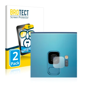 Vorderseite einer Produktverpackung mit dem Markenlogo BROTECT. Daneben ist das Gerät Samsung Galaxy S9 (NUR Kameraschutz) mit