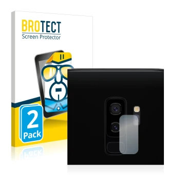 Vorderseite einer Produktverpackung mit dem Markenlogo BROTECT. Daneben ist das Gerät Samsung Galaxy S9 Plus (NUR Kameraschutz