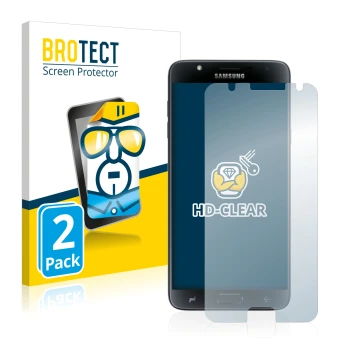 Vorderseite einer Produktverpackung mit dem Markenlogo BROTECT. Daneben ist das Gerät Samsung Galaxy J7 Duo 2018 mit dem zugeh