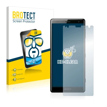 Vorderseite einer Produktverpackung mit dem Markenlogo BROTECT. Daneben ist das Gerät Sony Xperia XZ2 mit dem zugehörigen Disp