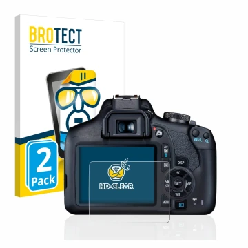 Vorderseite einer Produktverpackung mit dem Markenlogo BROTECT. Daneben ist das Gerät Canon EOS 2000D mit dem zugehörigen Disp