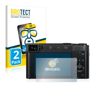 Vorderseite einer Produktverpackung mit dem Markenlogo BROTECT. Daneben ist das Gerät Panasonic Lumix DC-TZ202 mit dem zugehör