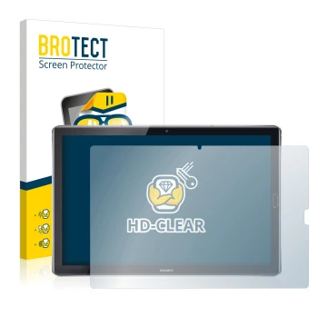 Vorderseite einer Produktverpackung mit dem Markenlogo BROTECT. Daneben ist das Gerät Huawei MediaPad M5 10.8 mit dem zugehöri